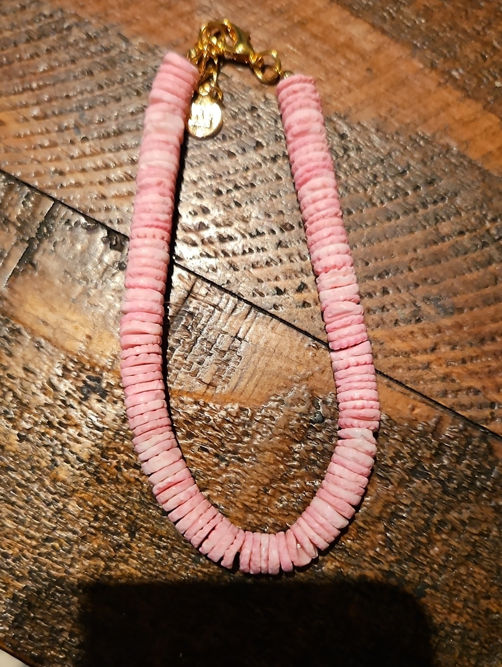 Pink Heishi Disk Bead Anklet with Gold tone Clasp